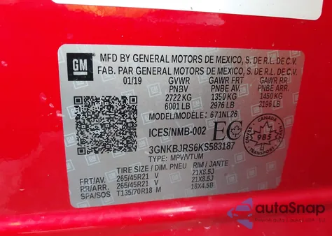 2019 Chevrolet Blazer Rs из США, поврежденный, VIN 3GNKBJRS6KS583187